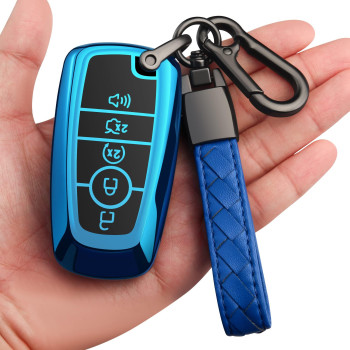 Sindeda For Ford Key Fob Cover With Keychain Premium Soft Tpu Full Protection Key Case Shell Compatible With Ford Explorer Mustang Fusion Escape F150 F250 F350 F450 F550 Edge(Blue)