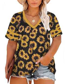 Happy Sailed Womens Plus Size V Neck Short Sleeve T Shirt Loose Casual Daisy Printed Tunic Blouse Tops,5X Yellow