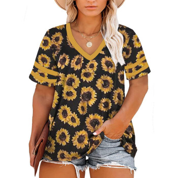 Happy Sailed Womens Plus Size V Neck Short Sleeve T Shirt Loose Casual Daisy Printed Tunic Blouse Tops,5X Yellow