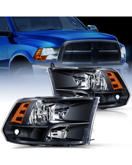 Nilight Headlight Assembly 2009 2010 2011 2012 2013 2014 2015 2016 2017 2018 Ram 1500 2500 3500 Pickup Quad Headlamp Assembly Replacement Black Housing Amber Corner Clear Lens,(Only For Quad Models)