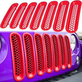 E-Cowlboy 7Pcs Front Grill Mesh Inserts Clip-In Grille Guard For 2007-2017 Jeep Wrangler Jk Jku Sport Freedom Rubicon Sahara Unlimited (Matte Red)