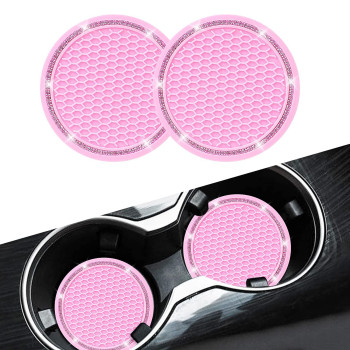 Cup Holder Coasters For Car, Senose Rhinestone Car Accessories For Women And Girl, Universal Anti-Slip Silicone Car Coaster, Diamond Vehicle Interior Decorations (Pink-2 Pcs)