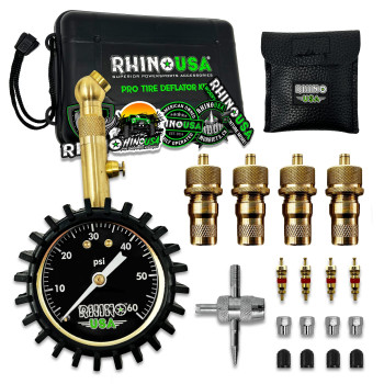 Rhino Usa Adjustable Tire Deflators With Gauge (0-60Psi) Calibrated Automatic Tire Air Down Tool - Large 2 Easy Read Glow Dial Solid Brass Hardware - Best Offroad Deflator For Jeep, Truck Or Atv