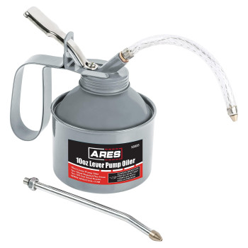 Ares 55025 - 10Oz Gray Lever Style Oiler Can - Includes Steel Braided Flex Hose Offset Rigid Steel Nozzle - High Pressure Pump