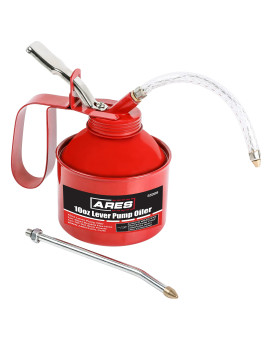 Ares 55009 - 10Oz Red Lever Style Oiler Can - Includes Steel Braided Flex Hose Offset Rigid Steel Nozzle - High Pressure Pump