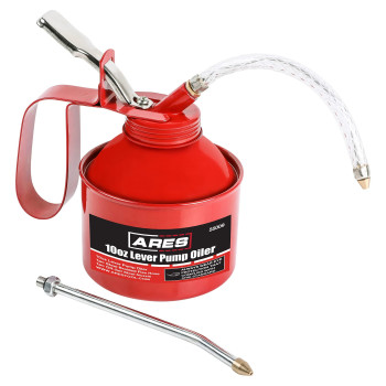 Ares 55009 - 10Oz Red Lever Style Oiler Can - Includes Steel Braided Flex Hose Offset Rigid Steel Nozzle - High Pressure Pump