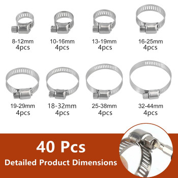 UD Hose Clamp Stainless Steel Worm Gear Hose Clamps 40Pcs Adjustable 8-44mm Range Assortment size Kit Fuel Line Clamp for Water Pipe, Plumbing, Mechanical Application, 8 Sizes Worm Gear Hose Clips