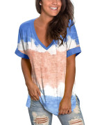 Women Tops Color Block T Shirt V Neck Tiestie Dye Tee Shirts Summer Blue L