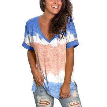 Women Tops Color Block T Shirt V Neck Tiestie Dye Tee Shirts Summer Blue L