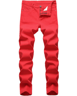 Mens Mid Waist Skinny Fit Stretch Solid Colors Tapered Leg Basic Casual Jeans Pants,Red,40