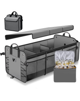 Large Trunk Organizer With Removable Cooler Bag-Collapsible Durable Multi Compartments W Foldable Cover, Non Slip Bottom Cargo Storage Suitable For Any Car, Suv, Truck, Or Van(3 Compartments,Gray