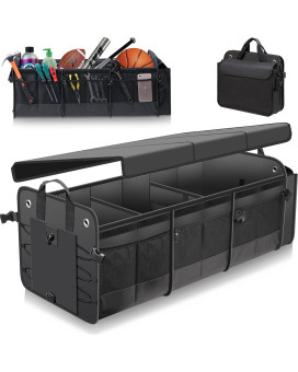 Large Trunk Organizer With Removable Cooler Bag-Collapsible Durable Multi Compartments W Foldable Cover, Non Slip Bottom Cargo Storage Suitable For Any Car, Suv, Truck, Or Van(3 Compartments,Black)