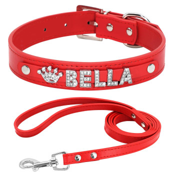 Didog Smooth Pu Leather Custom Dog Collars With Rhinestone Personalized Name Letters,Fit Small Medium Dogs (Xs: 588-10, Red Set)