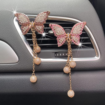 2 Pack Car Air Vent Clip Charms, Crystal Car Diffuser Vent Clip, Rhinestone Oil Diffuser Vent Clip, Car Fresheners For Women, Bling Car Accessories For Women - Stylish Practical (Butterfly)