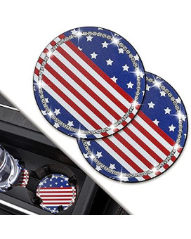 Universal Vehicle Bling Car Coasters, 2 Pack Crystal Rhinestone Coaster For Cup Holders, Car Interior Accessories 275 Silicone Anti Slip Car Coasters For Women (Flag)