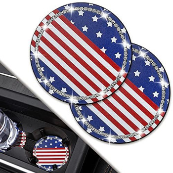 Universal Vehicle Bling Car Coasters, 2 Pack Crystal Rhinestone Coaster For Cup Holders, Car Interior Accessories 275 Silicone Anti Slip Car Coasters For Women (Flag)