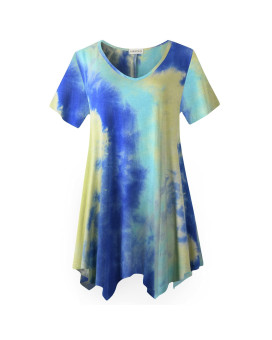 Larace Tie Dye Shirt Women Casual Tops Plus Size V Neck Blouses Short Sleeve Summer Clothes Flowy Asymmetrical Tee(T04-Blue M)