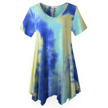 Larace Tie Dye Shirt Women Casual Tops Plus Size V Neck Blouses Short Sleeve Summer Clothes Flowy Asymmetrical Tee(T04-Blue M)