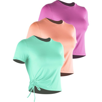 Cadmus Running Crop Tops Women Short Sleeve Racerback Dry Fit Workout Shirts 3 Packs, Purple, Light Green, Orange, X-Large