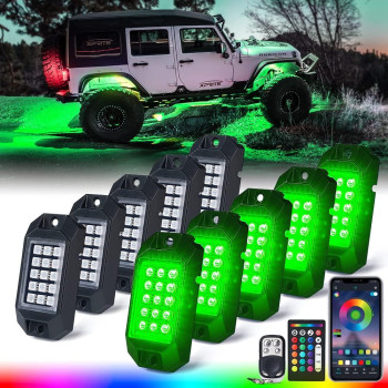 Xprite Bluetooth Rgb Led Rock Lights Kit, Multicolor Neon Accent Music Flashing Lighting Underglow Kits With Rf Controller For Off-Road, Trucks, Cars, Utv, Atv, Suv, Rzr, Motorcycles, Boats - 10 Pcs