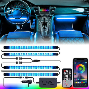 Xprite Double Row Rgb Led Car Interior Bluetooth Light Strips With Remote App Control, Music Sync Under Dash Footwell Neon Internal Lighting Kit, Wcigarette Adapter