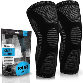 Powerlix Knee Compression Sleeve (Pair) - Best Knee Brace For Knee Pain For Men Women - Knee Support For Running, Basketball, Volleyball, Weightlifting, Gym, Workout, Sports - (Black Xl)