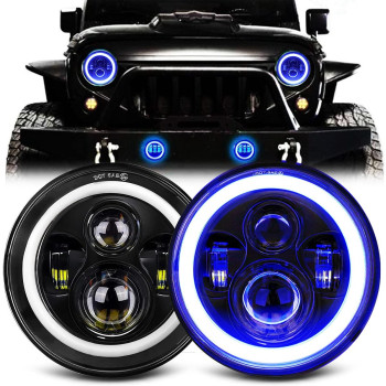 Mgllight 7 Inch Led Headlights With Blue Halo Amber Turn Signal Lights H6024 Led Headlamps Highlow Sealed Beam Projector Compatible With Jeep Wrangler Jk Lj Cj Tj With H4 H13 Adapter, 2Pcs Blue
