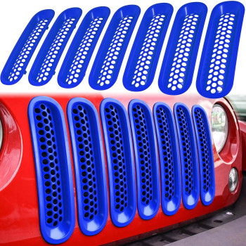 E-Cowlboy 7Pcs Front Grill Mesh Inserts Clip-In Grille Guard For 2007-2017 Jeep Wrangler Jk Jku Sport Freedom Rubicon Sahara Unlimited (Matte Blue)