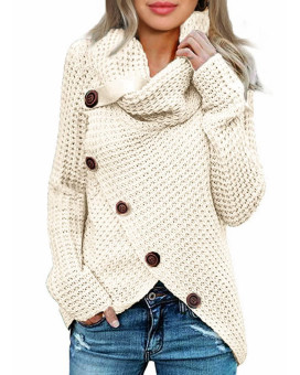 Asvivid Cowl Neck Knit Sweaters For Women Plus Size Comfy Cable Knit Asymmetrical Wrap Chunky Womens Sweater Button White Winter Sweater Xl