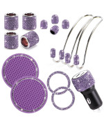 Tobequeen Purple Bling Car Accessories Set For Women 15Pcs,Bling Car Coaster,Bling Purple Car Adapter,Bling Hooks For Hanging,Bling Tire Caps,Bling Head Rest Rings,Push To Start Bling Ring(Purple)