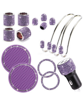 Tobequeen Purple Bling Car Accessories Set For Women 15Pcs,Bling Car Coaster,Bling Purple Car Adapter,Bling Hooks For Hanging,Bling Tire Caps,Bling Head Rest Rings,Push To Start Bling Ring(Purple)