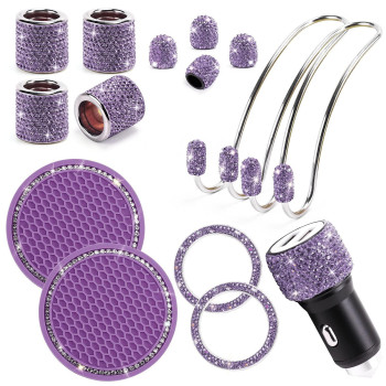 Tobequeen Purple Bling Car Accessories Set For Women 15Pcs,Bling Car Coaster,Bling Purple Car Adapter,Bling Hooks For Hanging,Bling Tire Caps,Bling Head Rest Rings,Push To Start Bling Ring(Purple)