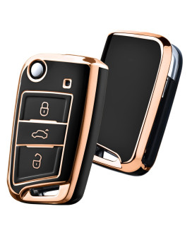 Oatsbasf Car Key Fob Cover Vw, Key Case For Vw Golf 7, Key Box Cover For Vw Polo, Skoda, Tiguan, Mk7 3-Button (Golden Edge - Black)