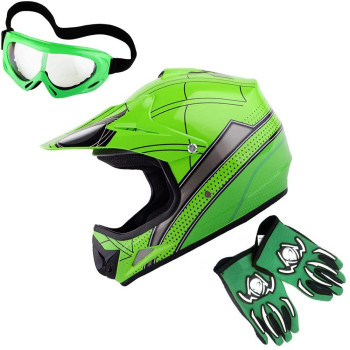 Wow Youth Kids Motocross Helmet Bmx Mx Atv Dirt Bike Helmet Spider Green Goggles Mg Youth Green Glove Bundle