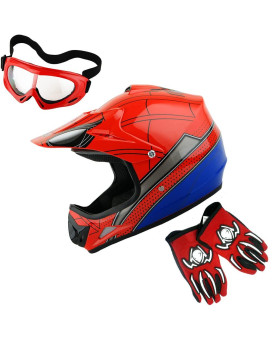 Wow Youth Kids Motocross Helmet Bmx Mx Atv Dirt Bike Helmet Spider Red Goggles Mg Youth Red Glove Bundle