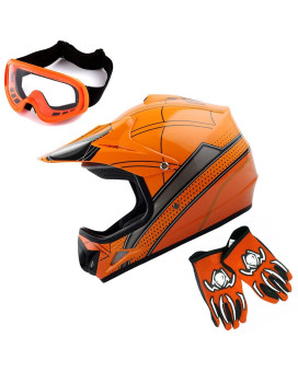 Wow Youth Kids Motocross Helmet Bmx Mx Atv Dirt Bike Helmet Spider Orange  Goggles  Mg Youth Orange Glove Bundle