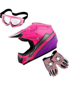 Wow Youth Kids Motocross Helmet Bmx Mx Atv Dirt Bike Helmet Spider Pink Goggles Mg Youth Pink Glove Bundle