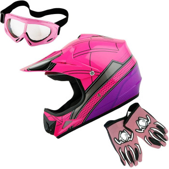 Wow Youth Kids Motocross Helmet Bmx Mx Atv Dirt Bike Helmet Spider Pink Goggles Mg Youth Pink Glove Bundle