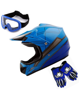 Wow Youth Kids Motocross Helmet Bmx Mx Atv Dirt Bike Helmet Spider Blue Goggles Mg Youth Blue Glove Bundle