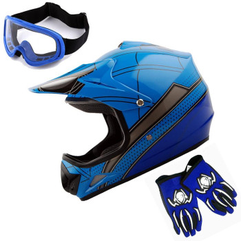 Wow Youth Kids Motocross Helmet Bmx Mx Atv Dirt Bike Helmet Spider Blue Goggles Mg Youth Blue Glove Bundle