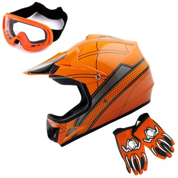 Wow Youth Kids Motocross Helmet Bmx Mx Atv Dirt Bike Helmet Spider Orange Goggles Mg Youth Orange Glove Bundle