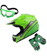 Wow Youth Kids Motocross Helmet Bmx Mx Atv Dirt Bike Helmet Spider Green Goggles Mg Youth Green Glove Bundle