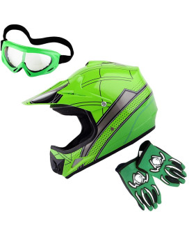 Wow Youth Kids Motocross Helmet Bmx Mx Atv Dirt Bike Helmet Spider Green Goggles Mg Youth Green Glove Bundle