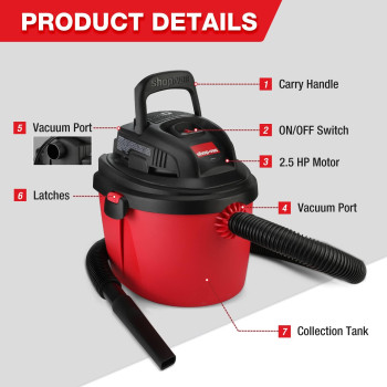 Shop-Vac 2.5 Gallon 2.5 Peak HP Wet/Dry Vacuum, Portable Compact Shop Vacuum with Collapsible Handle Wall Bracket & Multifunctional Attachments for Home, Jobsite. 2036000