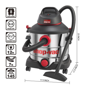 Shop-Vac 8 Gallon 6.0 Peak Hp Wetdry Vacuum, Stainless Steel Tank, Portable Shop Vacuum With Multifunctional Attachments For Jobsite, Garage & Workshop. 5989400