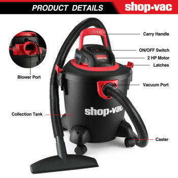 Shop-Vac 5 Gallon 2.0 Peak Hp Wetdry Vacuum, Portable Compact Shop Vacuum With Collapsible Handle & Multifunction Attachments For Home, Jobsite, Garage, Car & Workshop. 2035000