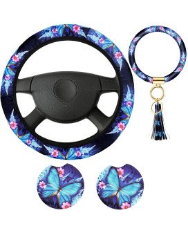 Butterfly Steering Wheel Cover Women Car Accessories Set With Car Cup Pad And Keyring Bracelet Butterflies Design Comfort Grip Steering Wheel Cover For Car Suv (Vivid Style)