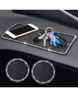 Mlovesie 3Psset Bling Crystal Sticky Anti-Slip Gel Pad Vehicle Cup Holder Insert Coasters Non-Slip Dashboard Mat For Cell Phones, Sunglasses, Keys, Coins And More