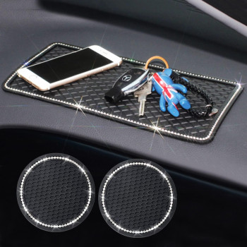 Mlovesie 3Psset Bling Crystal Sticky Anti-Slip Gel Pad Vehicle Cup Holder Insert Coasters Non-Slip Dashboard Mat For Cell Phones, Sunglasses, Keys, Coins And More