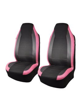 Flying Banner Car Seat Covers Quality Carbon Fiber Faux Leather Mesh Fabric Sport Low High Back Bucket Back Pocket Arm Rest Car Suv Truck Pick Up (2 Fronts - High Bucket, Pink)